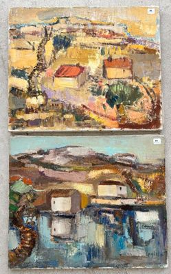 deux tableaux représentant un paysage avec des maisons et des arbres
