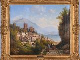 an image of a painting of a town by the water