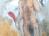 dessin représentant un homme portant un chapeau et tenant un frisbee à la main