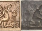 deux images d'une plaque en bronze représentant un homme et une femme