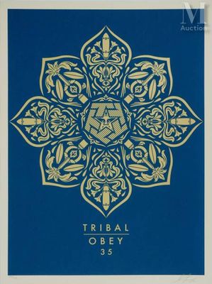 a blue and gold poster with a floral design on it