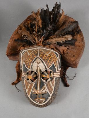 an image of a close up of a mask with feathers on it