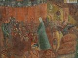 an image of a painting of a woman in a green dress with a horse drawn carriage