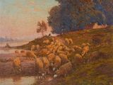tableau représentant un troupeau de moutons s'abreuvant dans un ruisseau