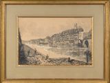 painting of a view of a river with a bridge and buildings in the background