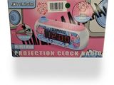 a pink box with a picture of a clock inside of it