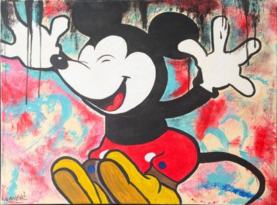 painting of a mickey mouse holding a baseball bat in his right hand