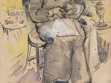 drawing of a woman sitting in a chair with a cat in her lap