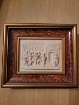 painting of a group of people in a room with a wooden wall