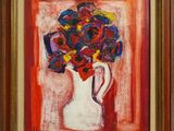 une peinture représentant un vase contenant des fleurs sur un fond rouge