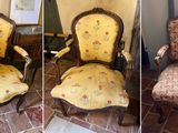 deux photos d'une chaise recouverte de tissu jaune et rouge, recouverte de tissu, recouverte de tissu, recouverte de tissu, recouverte de tissu, recouverte de tissu