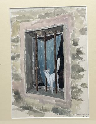 un tableau représentant un chat assis sur le rebord d'une fenêtre