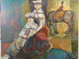painting of a woman with a child and a horse in the background