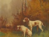 tableau représentant deux chiens dans un espace boisé, avec des arbres en arrière-plan