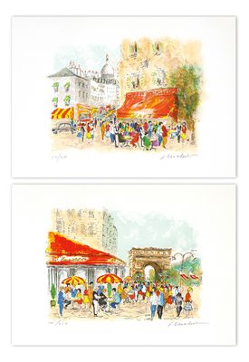 trois aquarelles représentant une scène de rue avec des personnages et des bâtiments