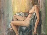 an oil painting of a woman sitting in a chair reading a book