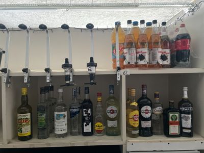 bottles of alcohol are lined up on a shelf in a liquor store