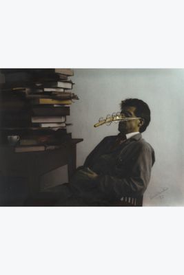 a painting of a man playing a flute in front of a stack of books