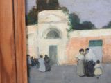 a painting of a group of people outside of a building