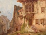 an oil painting of a village scene with horses and people by a river