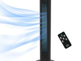 une photo d'un ventilateur colonne noir équipé d'une télécommande