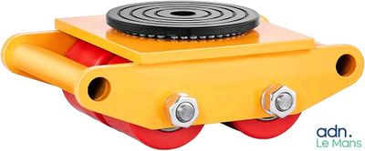 an image of a close up of a yellow roller with red wheels
