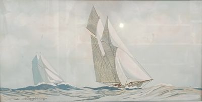 a painting of two sailboats sailing in the ocean