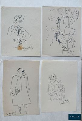 several drawings of people are displayed on a refrigerator door