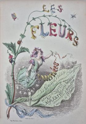 an old book with a drawing of a lady holding a flower
