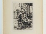 a black and white drawing of a group of people sitting on a sidewalk