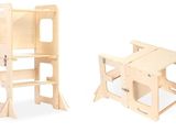 two chairs and a table that are made out of wood