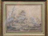 un tableau représentant un paysage avec des arbres et un homme au loin
