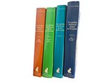 three books on a white background, one is blue and the other is green