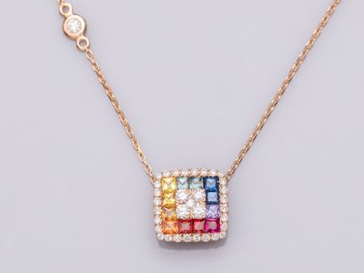 Collier coussin en or rose 750°/°°(18K) , serti de saphirs a… - Photo 1