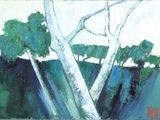 une peinture d'un arbre au milieu d'un champ