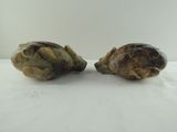 pair of artichokes sitting on a white surface with a white background