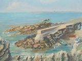 painting of a painting of a bridge over a body of water