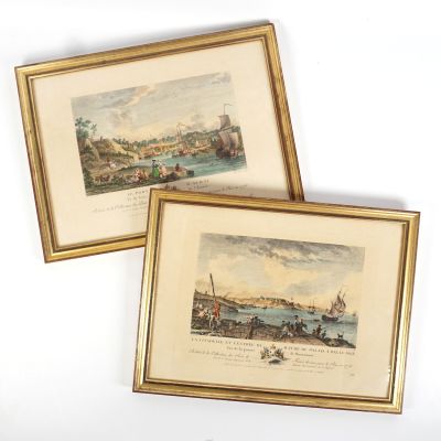 deux reproductions encadrées représentant une vue d'une ville et d'une rivière