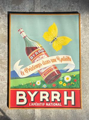 peinture représentant une bouteille de byrrh et un papillon sur un mur de pierre