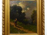 un tableau représentant une femme marchant sur un sentier dans un champ