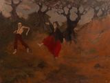 tableau représentant deux femmes dansant dans un champ, avec des arbres en arrière-plan
