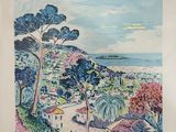 a painting of a view of a village with trees and water