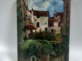 une peinture représentant une peinture d'une maison avec un jardin devant