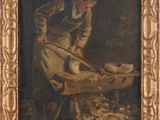 an image of a painting of a man working on a piece of wood