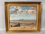 une image d'une peinture représentant une scène de plage avec un bateau dans l'eau