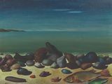 une image représentant une peinture de coquillages et de poissons sur une plage