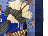 a blue scarf with a picture of a man holding an umbrella