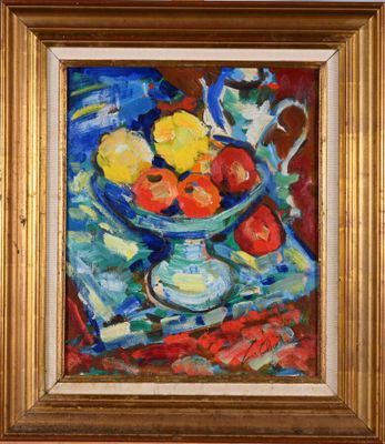 an oil painting of a bowl of fruit on a table