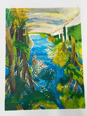 un tableau représentant une vue sur une rivière depuis un pont