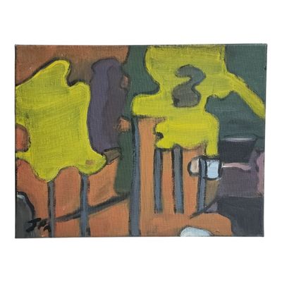 un tableau représentant des chaises jaunes et une tasse de café